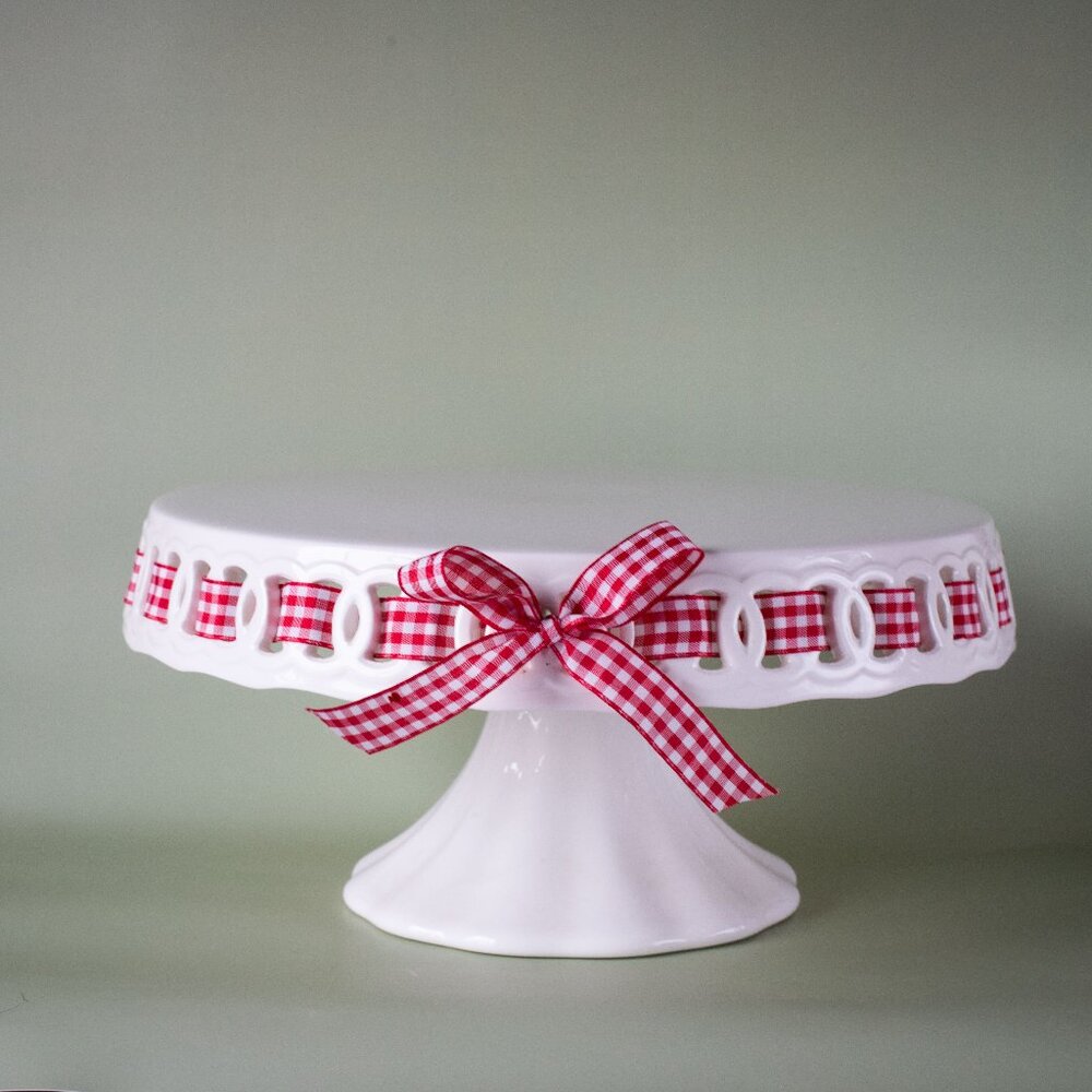 White Pedestal Cake Stand Red Gingham Ribbon | 10.5” Cottage Chic